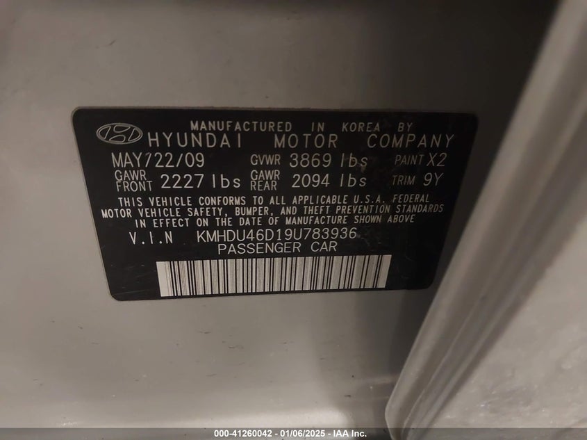 2009 HYUNDAI ELANTRA VIN: KMHDU46D19U783936