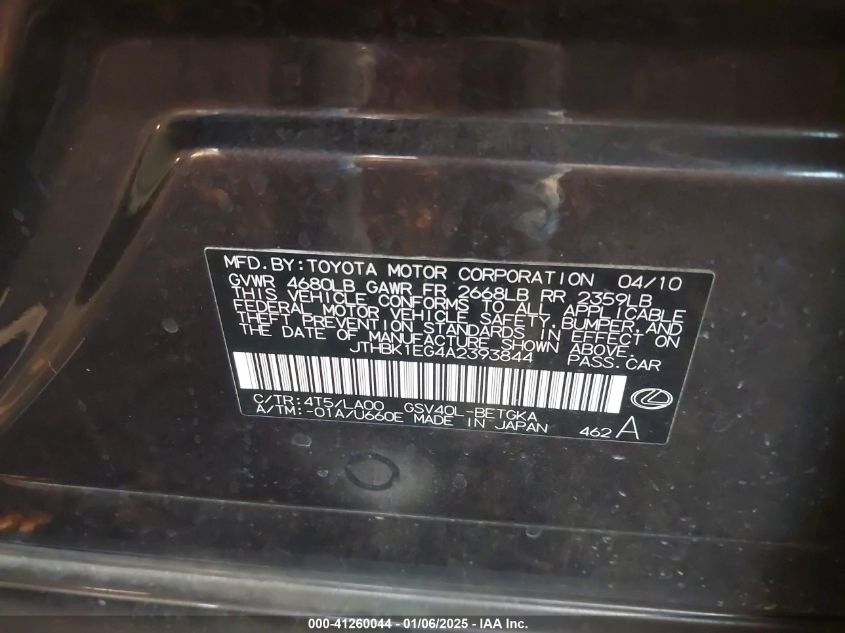 2010 Lexus Es 350 Base (A6) VIN: JTHBK1EG4A2393844 Lot: 41260044