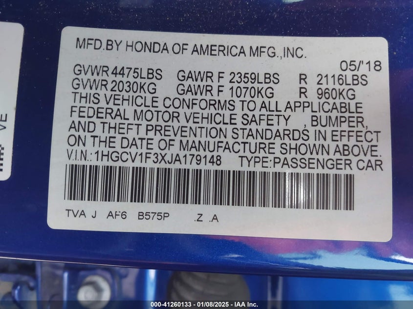 2018 HONDA ACCORD VIN: 1HGCV1F3XJA179148