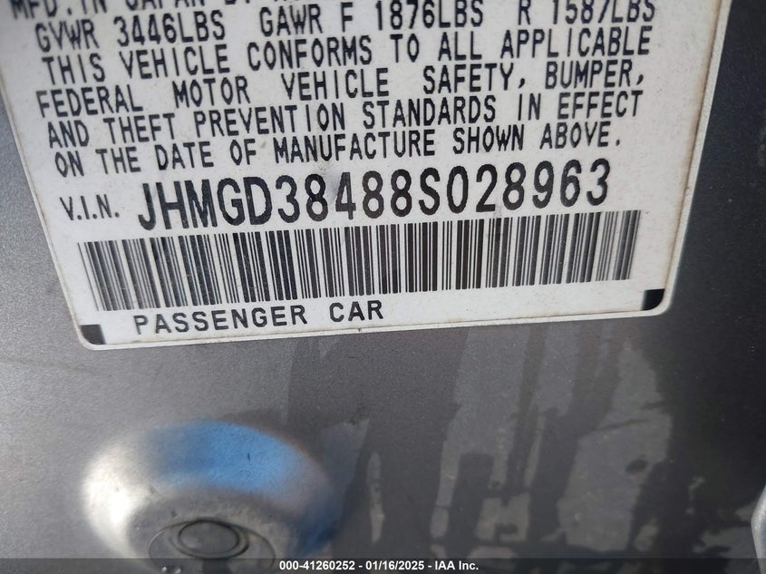 2008 HONDA FIT VIN: JHMGD38488S028963