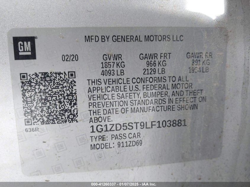2020 CHEVROLET MALIBU VIN: 1G1ZD5ST9LF103881