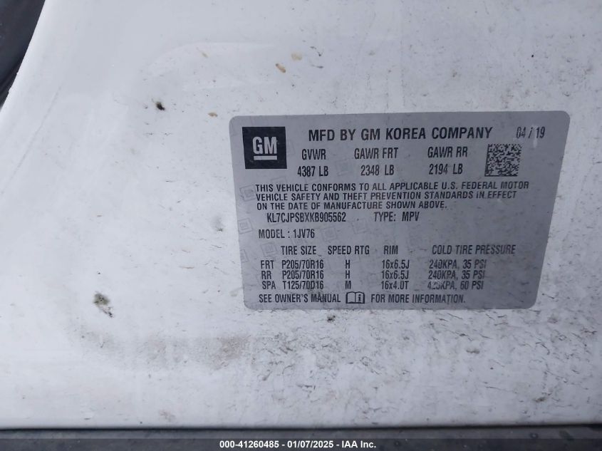 2019 Chevrolet Trax Lt VIN: KL7CJPSBXKB905562 Lot: 41260485