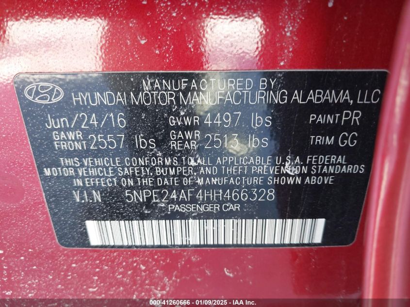 VIN 5NPE24AF4HH466328 2017 HYUNDAI SONATA no.9