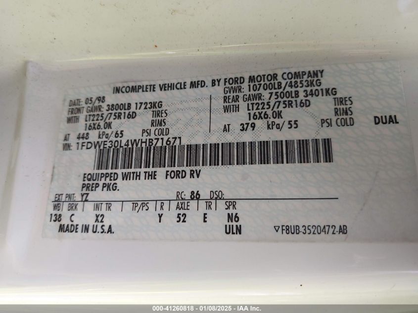 1998 Ford Econoline VIN: 1FDWE30L4WHB7167 Lot: 41260818