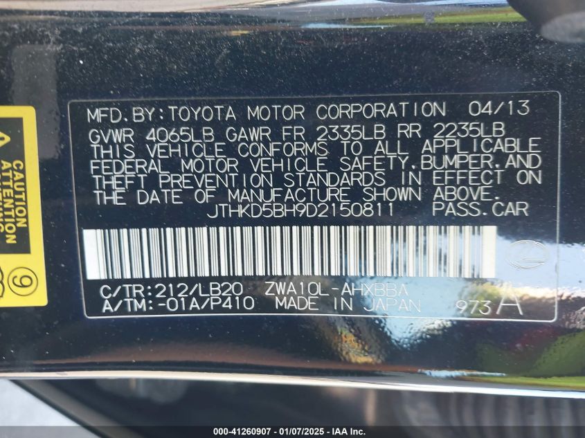 2013 Lexus Ct 200H VIN: JTHKD5BH9D2150811 Lot: 41260907