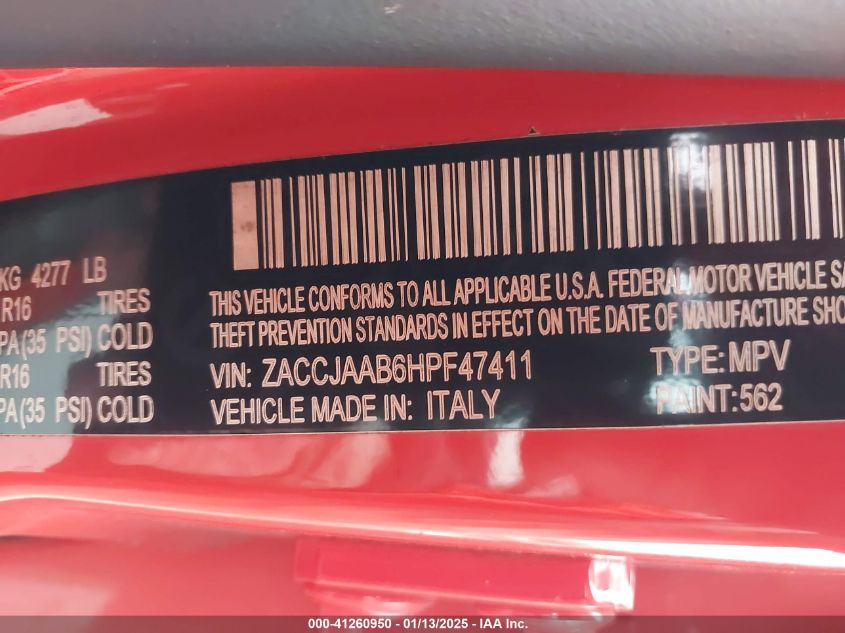 2017 Jeep Renegade Sport Fwd VIN: ZACCJAAB6HPF47411 Lot: 41260950