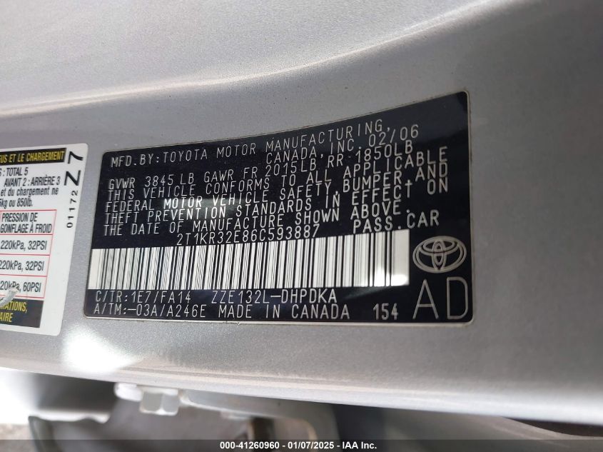 2006 Toyota Matrix VIN: 2T1KR32E86C593887 Lot: 41260960