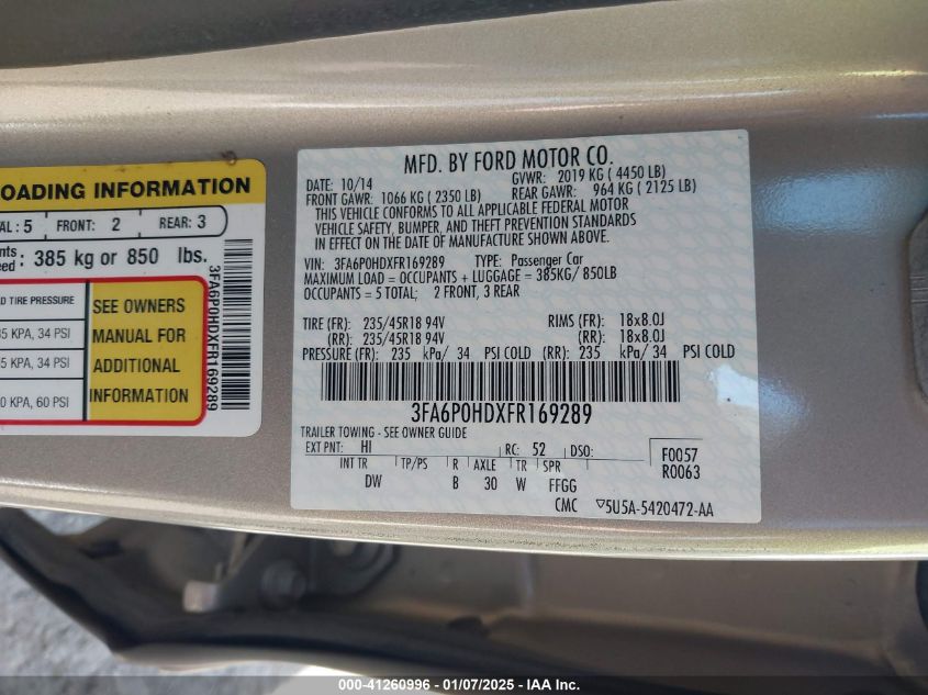 VIN 3FA6P0HDXFR169289 2015 Ford Fusion, SE no.9