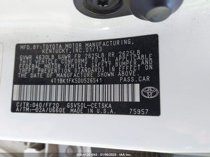 2013 TOYOTA CAMRY VIN: 4T1BK1FK5DU526541