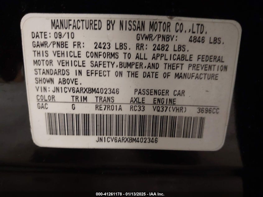 2011 INFINITI G37X VIN: JN1CV6ARXBM402346