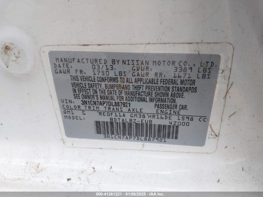 VIN 3N1CN7AP7DL887921 2013 Nissan Versa, 1.6 SV no.9