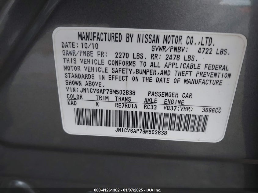 2011 INFINITI G37 VIN: JN1CV6AP7BM502838