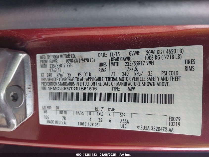 VIN 1FMCU0G70GUB61516 2016 FORD ESCAPE no.9