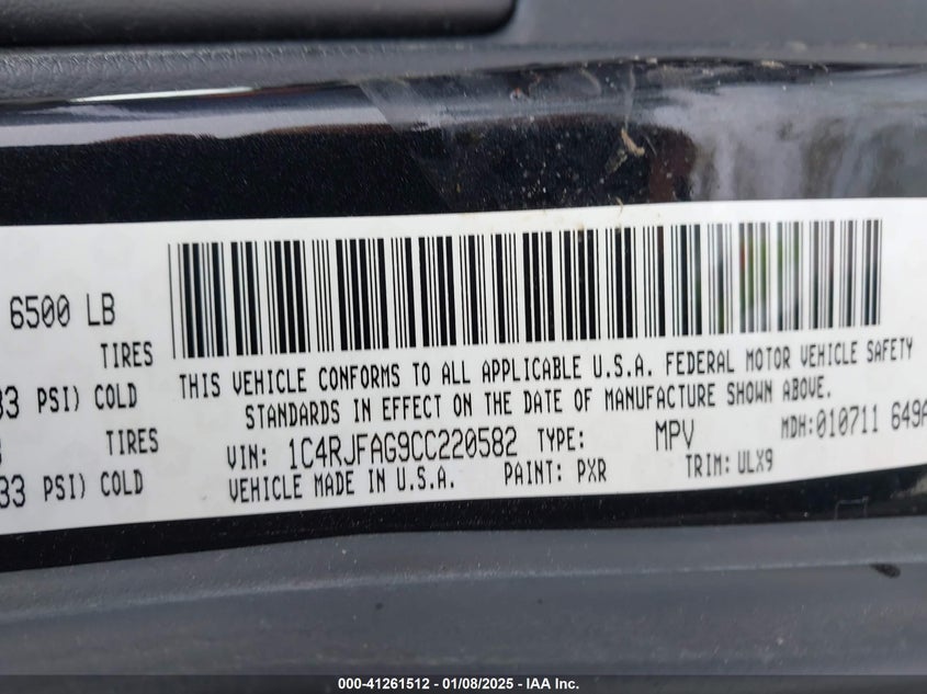 2012 JEEP GRAND CHEROKEE VIN: 1C4RJFAG9CC220582