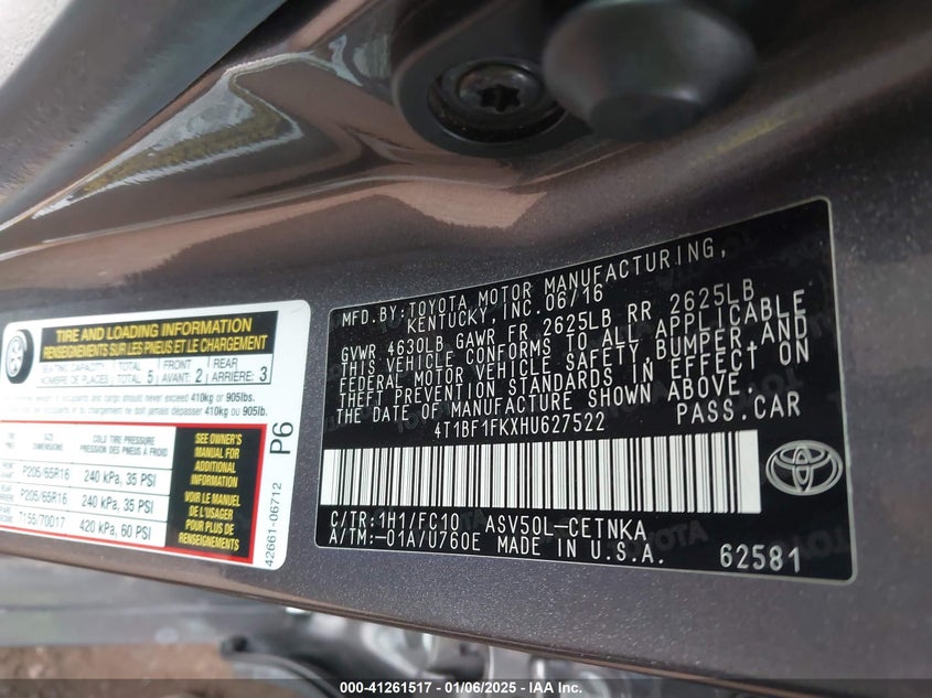 2017 TOYOTA CAMRY VIN: 4T1BF1FKXHU627522