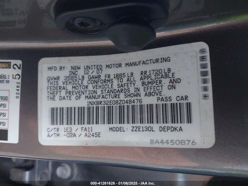 2008 TOYOTA COROLLA VIN: 1NXBR32E08Z048476