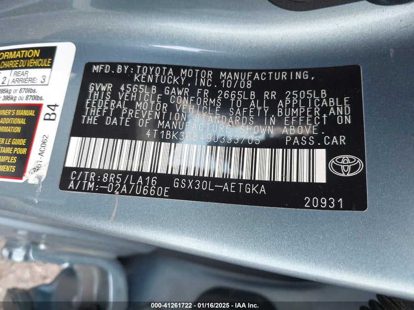 2009 TOYOTA AVALON VIN: 4T1BK36B49U333705