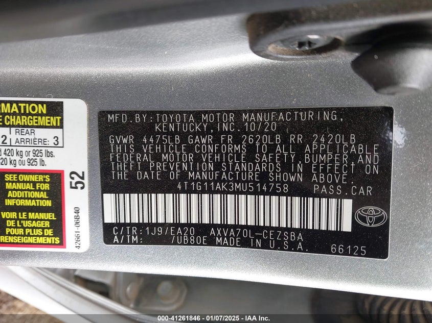 2021 TOYOTA CAMRY VIN: 4T1G11AK3MU514758