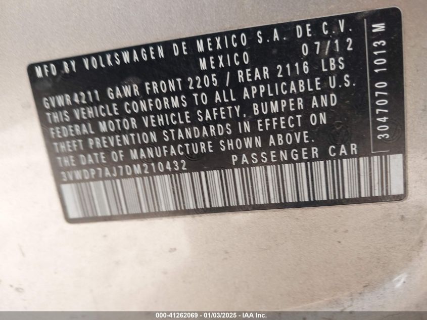 2013 Volkswagen Jetta 2.5L Se VIN: 3VWDP7AJ7DM210432 Lot: 41262069