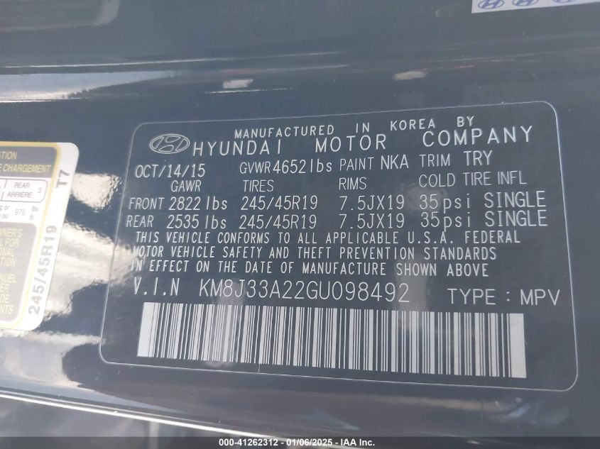 VIN KM8J33A22GU098492 2016 Hyundai Tucson, Sport no.9