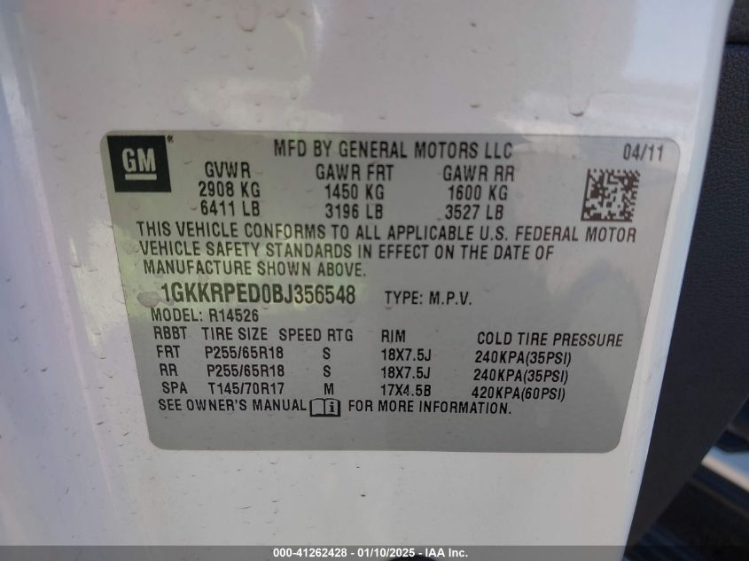 2011 GMC Acadia Sle VIN: 1GKKRPED0BJ356548 Lot: 41262428