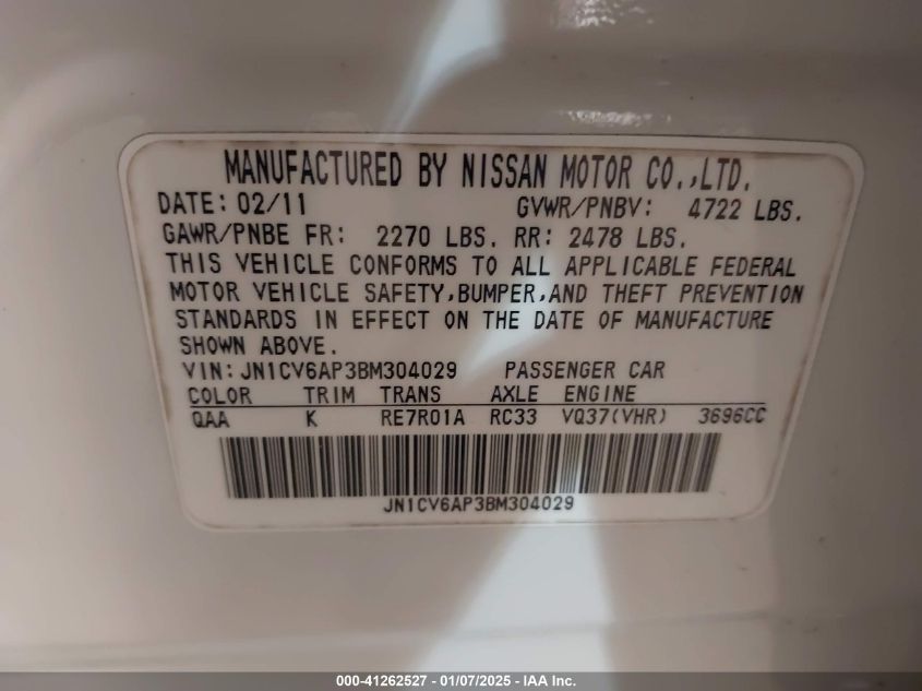 2011 Infiniti G37 Journey VIN: JN1CV6AP3BM304029 Lot: 41262527