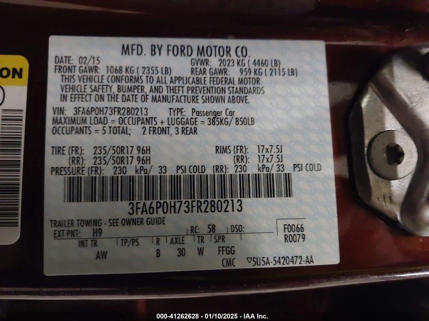 2015 FORD FUSION VIN: 3FA6P0H73FR280213