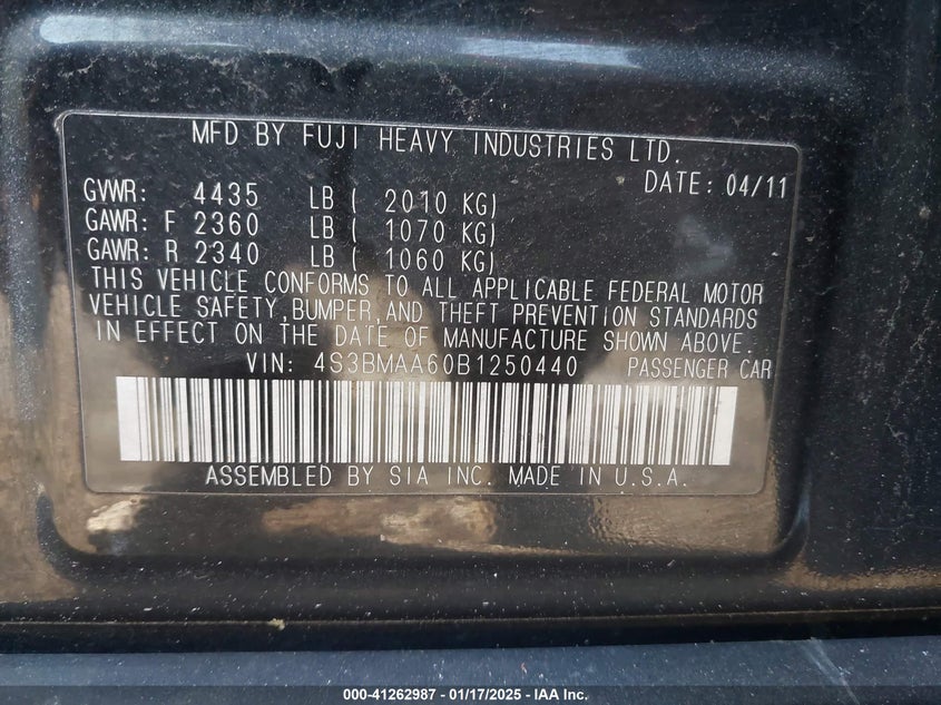 2011 SUBARU LEGACY VIN: 4S3BMAA60B1250440