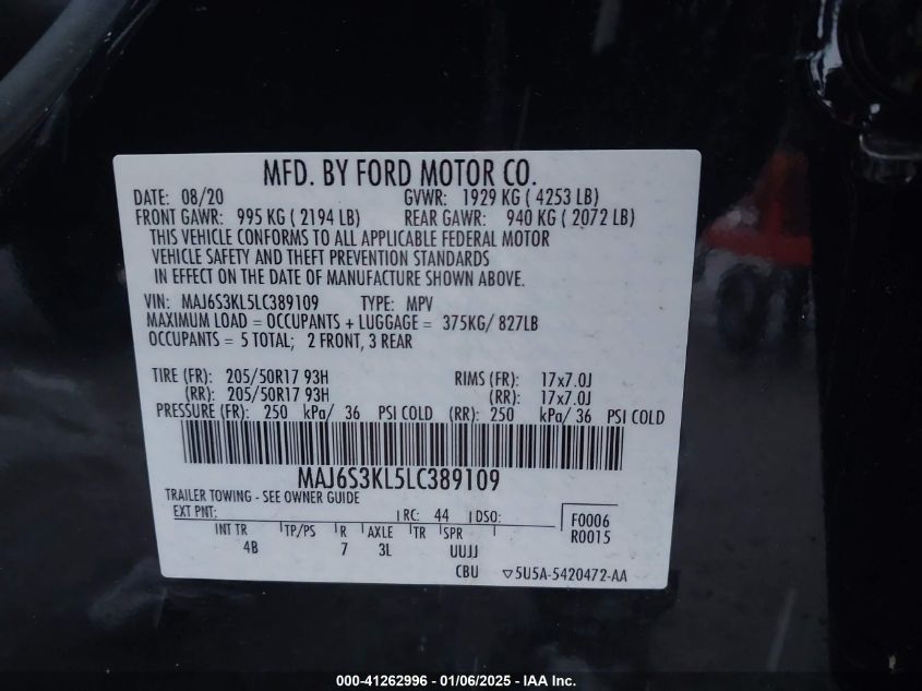 2020 Ford Ecosport Titanium VIN: MAJ6S3KL5LC389109 Lot: 41262996