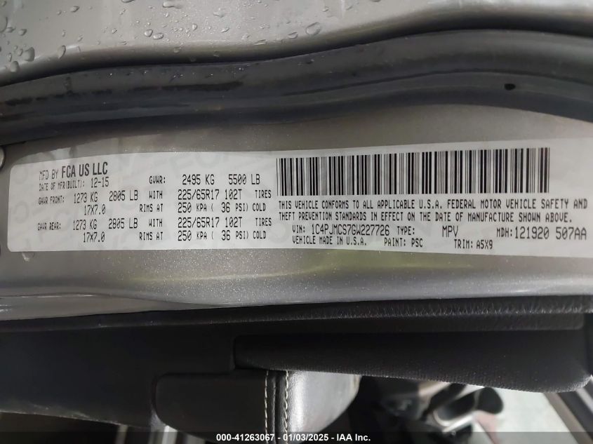 2016 Jeep Cherokee Latitude VIN: 1C4PJMCS7GW227726 Lot: 41263067