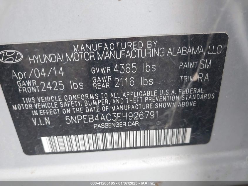 VIN 5NPEB4AC3EH926791 2014 Hyundai Sonata, Gls no.9