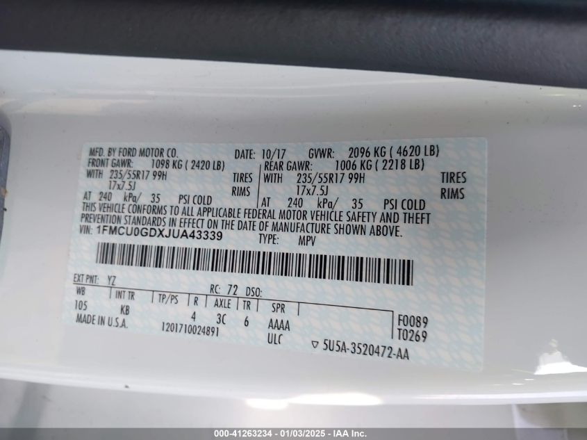 VIN 1FMCU0GDXJUA43339 2018 FORD ESCAPE no.9