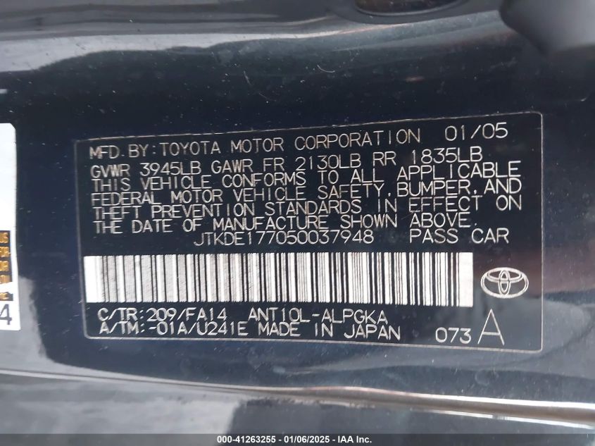 2005 Scion Tc VIN: JTKDE177050037948 Lot: 41263255