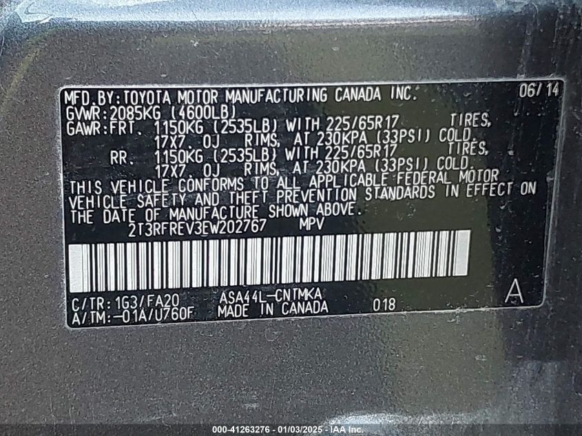 VIN 2T3RFREV3EW202767 2014 Toyota RAV4, Xle no.9