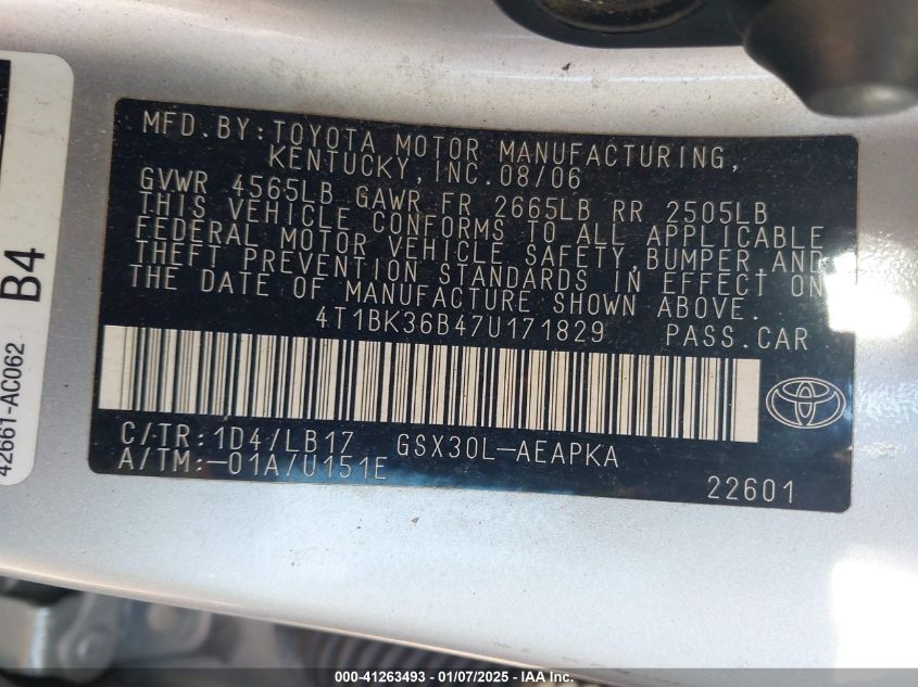 2007 Toyota Avalon Limited VIN: 4T1BK36B47U171829 Lot: 41263493