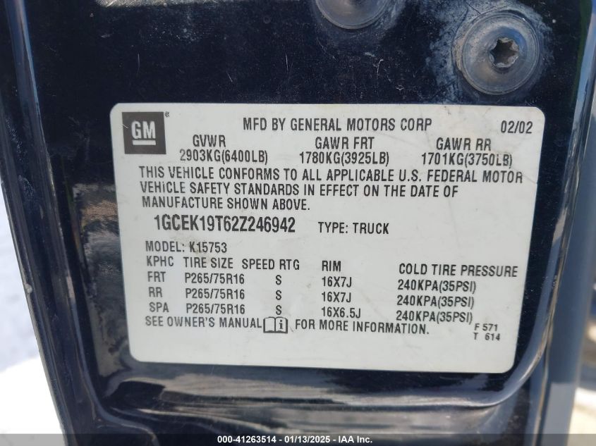 2002 Chevrolet Silverado K1500 VIN: 1GCEK19T62Z246424 Lot: 41263514