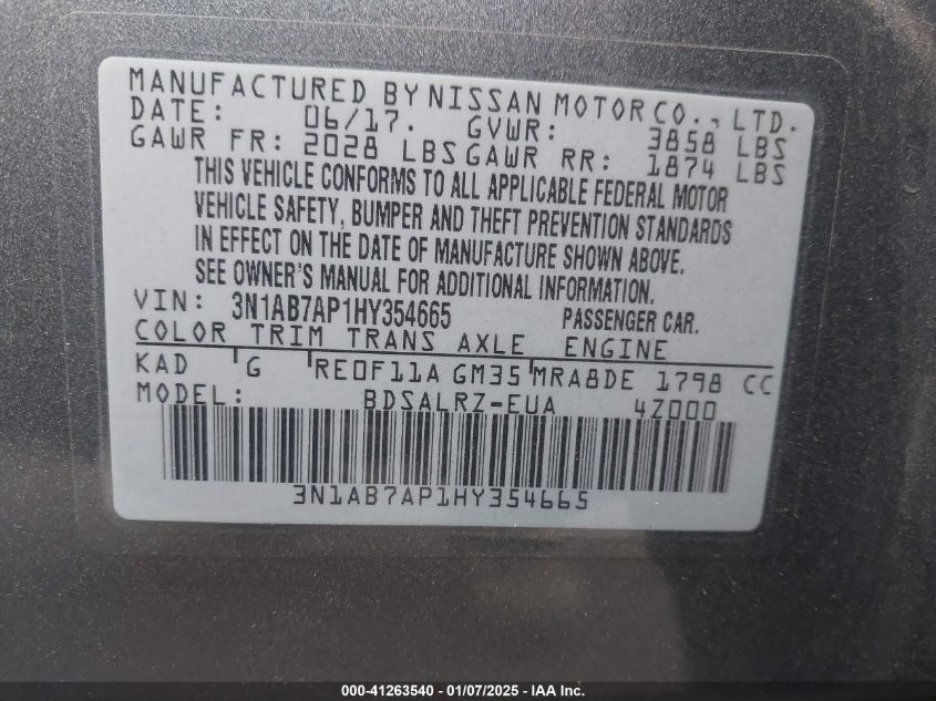 VIN 3N1AB7AP1HY354665 2017 Nissan Sentra, SR no.9