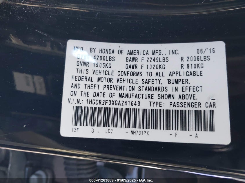 2016 HONDA ACCORD VIN: 1HGCR2F3XGA241649