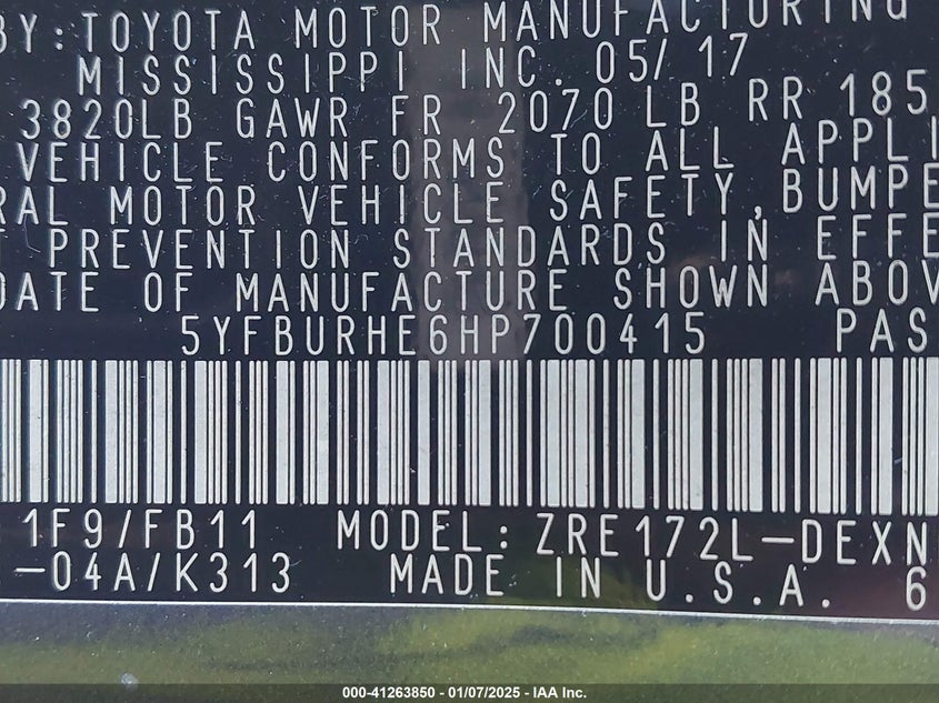 2017 TOYOTA COROLLA VIN: 5YFBURHE6HP700415