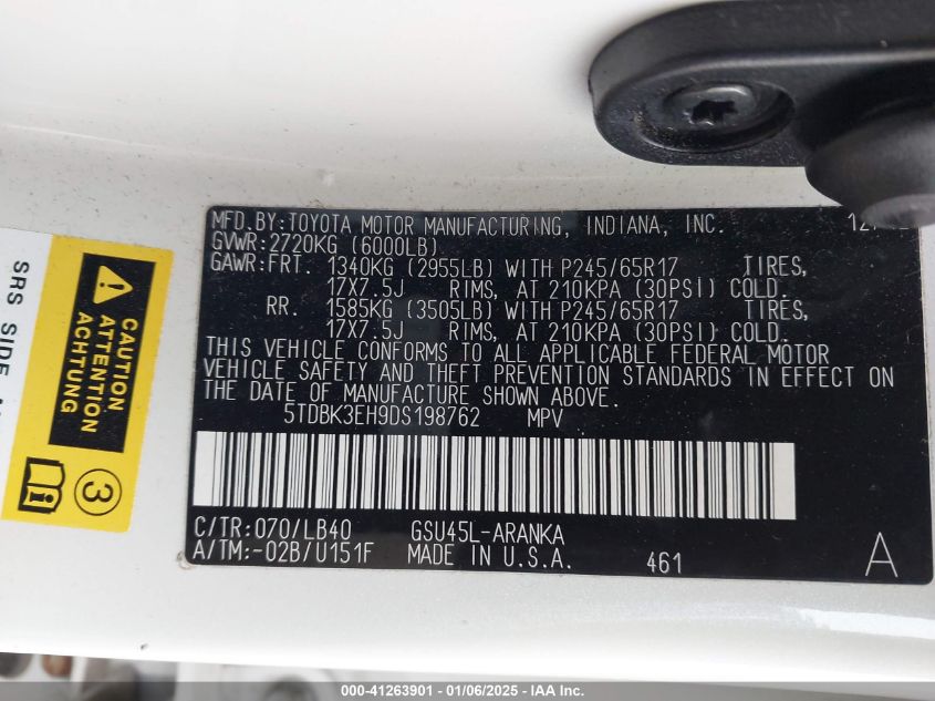 2013 Toyota Highlander Se V6 VIN: 5TDBK3EH9DS198762 Lot: 41263901