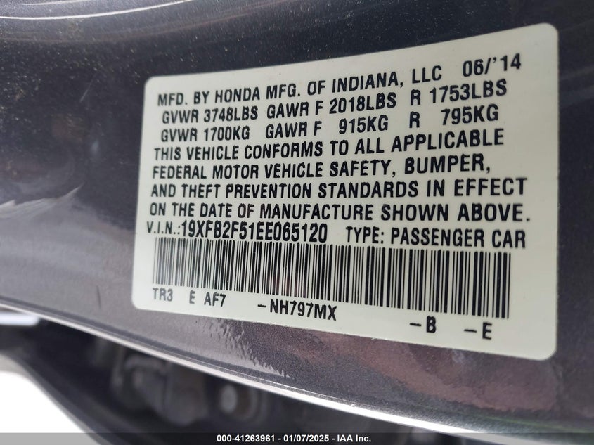 2014 HONDA CIVIC VIN: 19XFB2F51EE065120