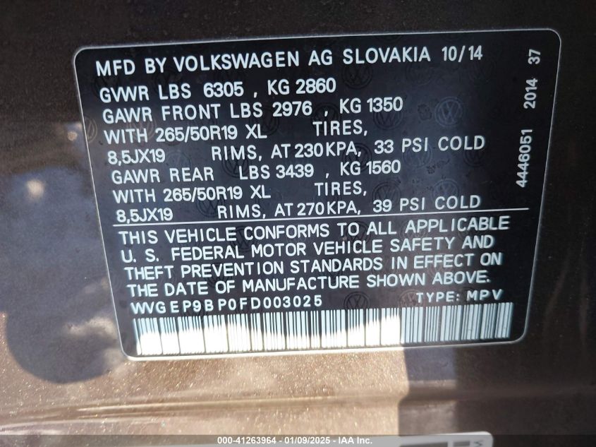 VIN WVGEP9BP0FD003025 2015 Volkswagen Touareg, Tdi Lux no.9