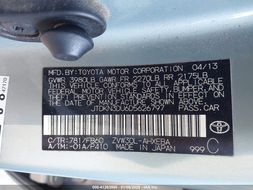 2013 TOYOTA PRIUS VIN: JTDKN3DU6D5626797