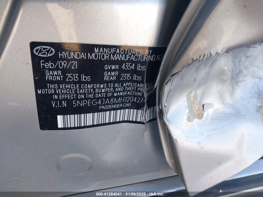 2021 HYUNDAI SONATA VIN: 5NPEG4JA8MH120427