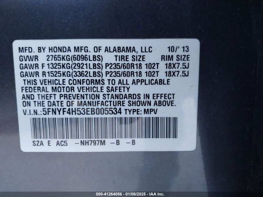 VIN 5FNYF4H53EB005534 2014 Honda Pilot, Ex-L no.9