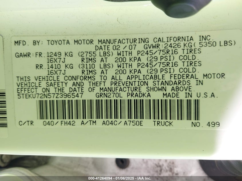 2007 TOYOTA TACOMA VIN: 5TEKU72N57Z396547
