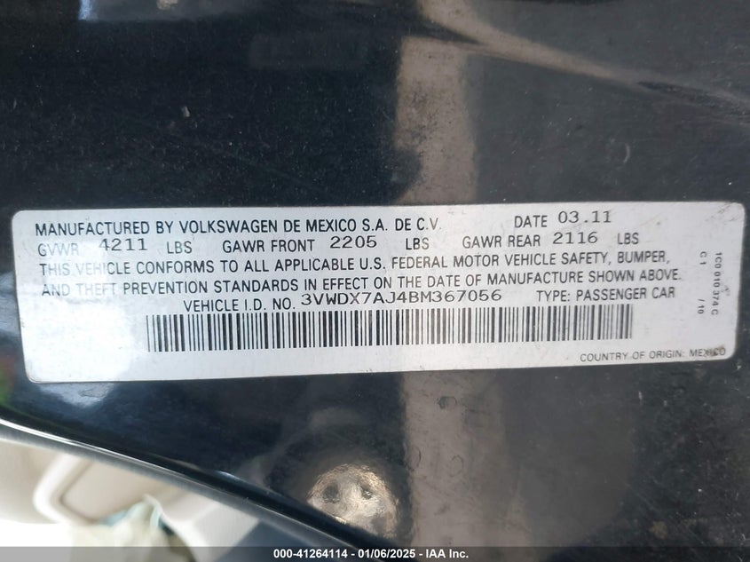 2011 VOLKSWAGEN JETTA VIN: 3VWDX7AJ4BM367056