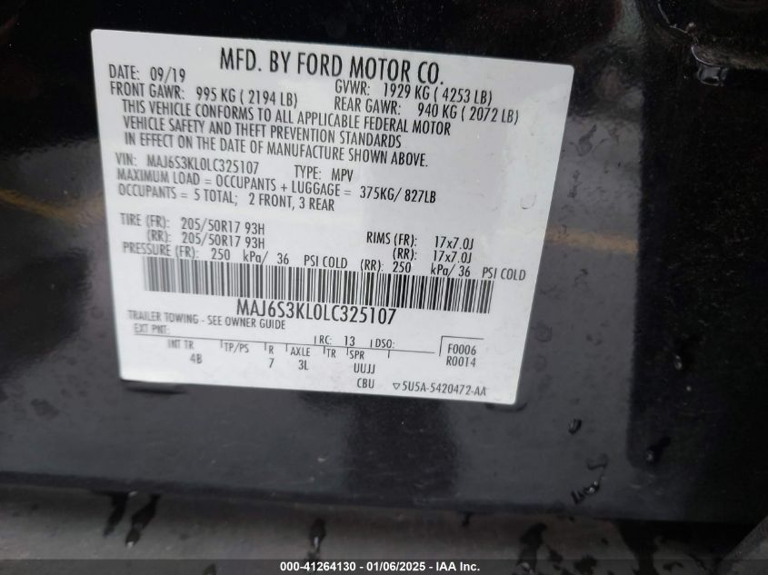 VIN MAJ6S3KL0LC325107 2020 FORD ECOSPORT no.9