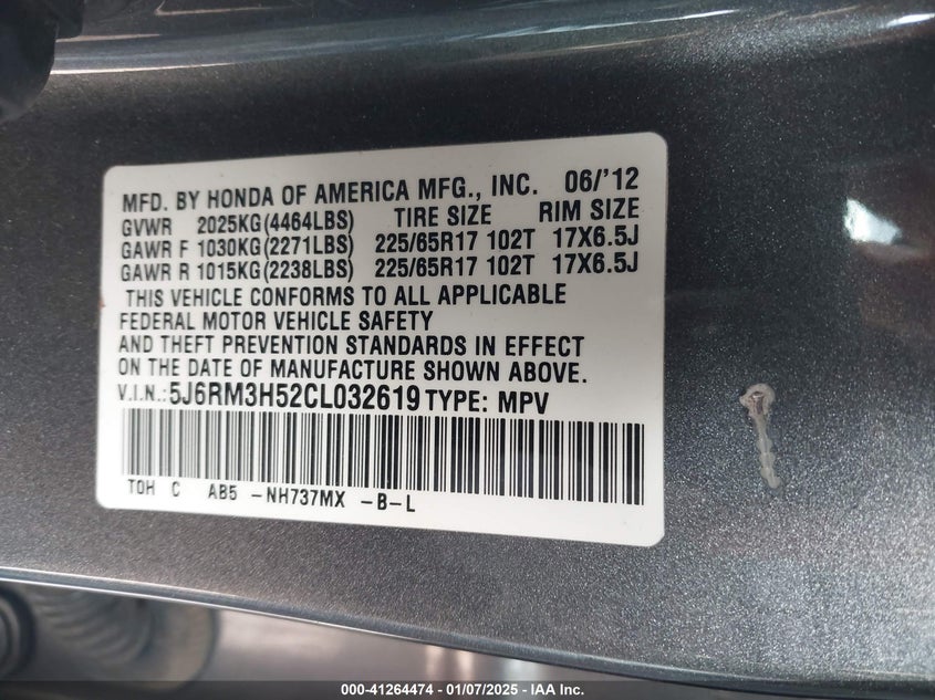 2012 HONDA CR-V VIN: 5J6RM3H52CL032619