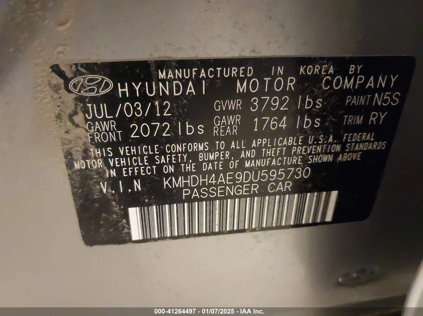 2013 HYUNDAI ELANTRA VIN: KMHDH4AE9DU595730